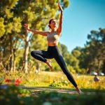 A woman in high waisted yoga pants performing a yoga pose in an Australian park, black leggings in beige.
