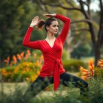 A woman in a red long sleeve yoga tops performing warrior II pose in an Australian park, black wrap top long sleeve.