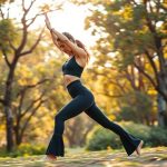 A woman doing yoga in charcoal ribbed flare leggings, high waisted gym leggings, in an Australian park.