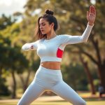 A woman in a white sports crop top performing yoga in an Australian park, long sleeve yoga top in motion.