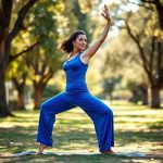 A woman in Royal Blue wide leg yoga pants plus size leggings with pockets performing a yoga pose in an Australian park.