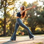A woman in warrior II pose wearing womens leggings with pockets flared tights in Heather Grey, Australian park backdrop.