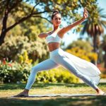 A woman in white yoga pants shorts scrunch bum leggings performing a yoga pose in an Australian park.