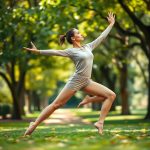 A woman in beige yoga shorts womens and long sleeve yoga tops performing warrior II pose in an Australian park.