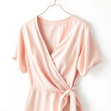 Pastel pink bamboo wrap top, an eco conscious womens fashion top on white background.