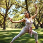 Woman in a pastel pink bamboo wrap top performing a yoga pose in an Australian park.