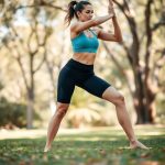A woman in black bike shorts with pockets doing yoga in an Australian park, seamless bike short in motion.