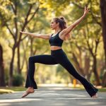 A woman in black flared leggings high waisted tights performing yoga in an Australian park, Charcoal colour.