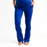 Royal Blue maternity flared leggings, black high waisted leggings with pockets, studio shot on white background.