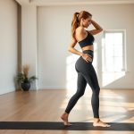 A model in heather grey high waisted black leggings with pockets doing yoga in a bright minimalist studio.