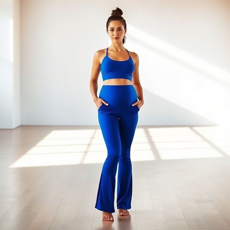 A model wearing black high waisted leggings with pockets, maternity flared leggings in royal blue, posing in a bright yoga studio.
