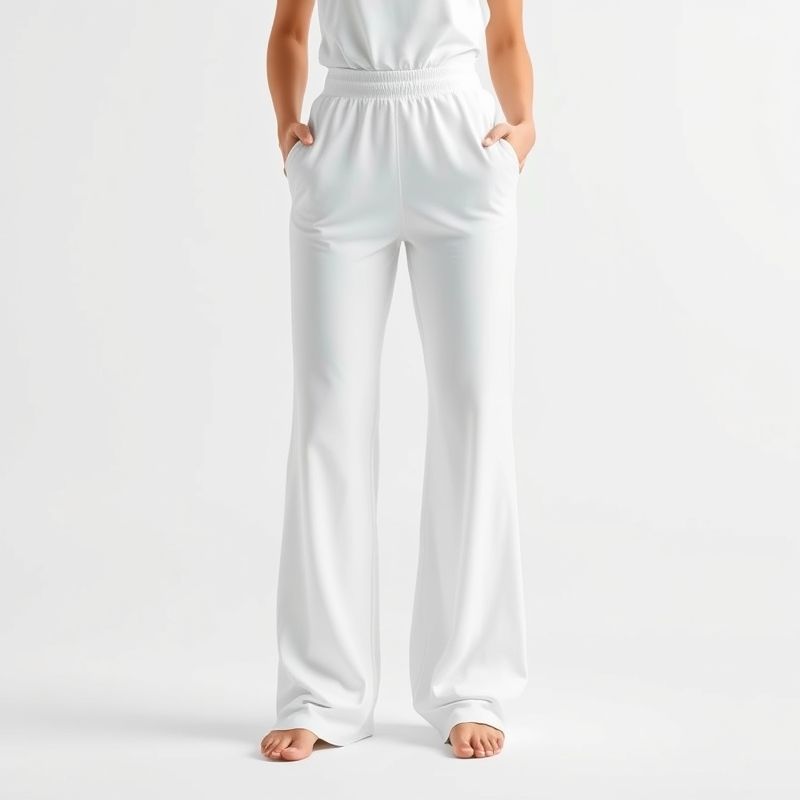 Black wide leg yoga pants with subtle scrunch detail, white background, hyperrealistic studio photo.