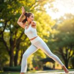 Woman in white organic knit circuit yoga pants performing a yoga pose in an Australian park.