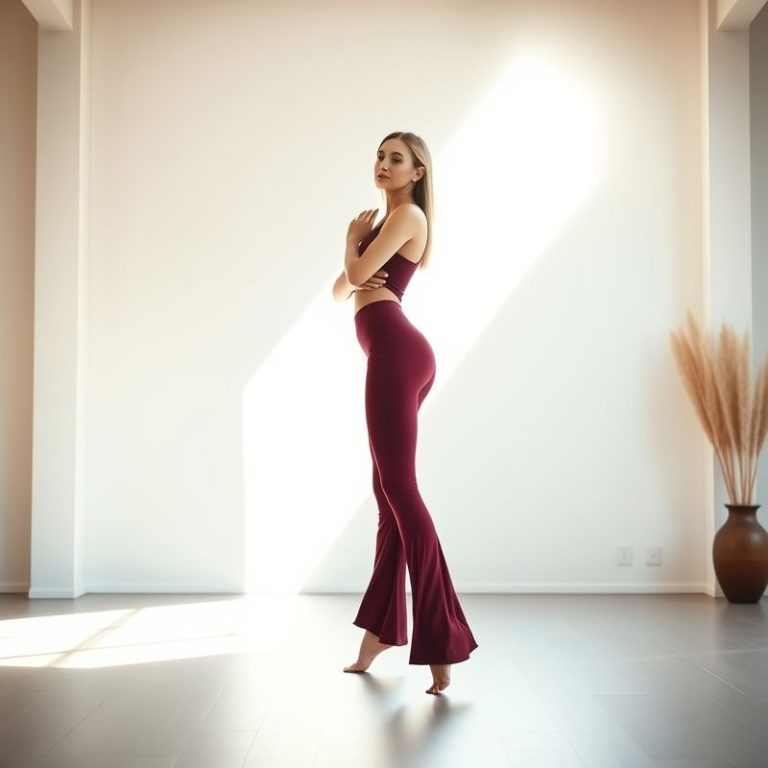 A model in burgundy cotton yoga pants, flared leggings, posing in a bright Australian yoga studio.