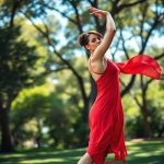 A woman in a Red first muse dress performing a yoga pose in an Australian park.