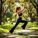 A woman in flare black yoga pants performing a yoga pose in an Australian park, with yoga blocks and straps nearby.