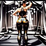 A model wearing flare black yoga pants from behind, showcasing fit and cut, with yoga blocks and straps, on white studio background.