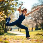 A woman in navy blue ribbed flare leggings performing a yoga pose in an Australian park.