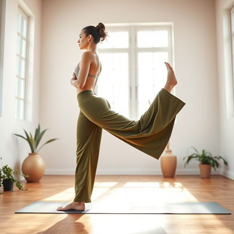 A model in an olive green flare pants set raspberry tea leaves in a yoga studio.