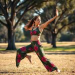 Woman in a Warrior II yoga pose wearing a raspberry tea leaves flare pants set in Olive Green.