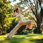 Woman in Beige Luna 3 flare stretch pants performing yoga in an Australian park.