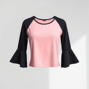 Pastel Pink flares black yoga top on a clean white studio background.