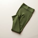 Flat lay of sustainable green leggings in Olive Green, neatly folded on a neutral surface.