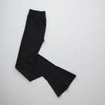Flat lay of high waisted flare leggings in charcoal, neatly folded on a neutral surface, minimalist e-commerce style.
