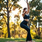 A woman in high waisted flare leggings performing a yoga pose in an Australian park, charcoal black flare tights in motion.