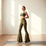 A model wearing olive green low rise flare leggings in a bright yoga studio.