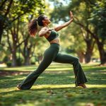 Woman in Olive Green low rise flare leggings performing a yoga pose in an Australian park.