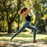 Woman in Heather Grey organic activewear cotton yoga pants doing yoga in an Australian park.