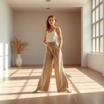 A model wearing beige organic cotton yoga pants with a flare leg in a bright yoga studio.