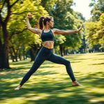 Woman in patterned yoga pants from Cloths Shops performing a yoga pose in an Australian park.