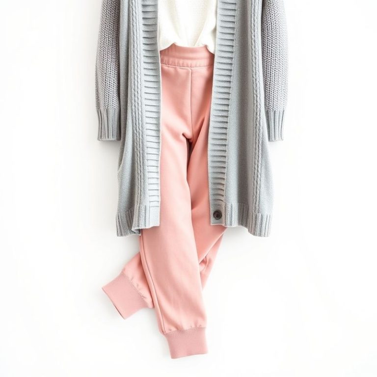 Heather Grey organic cotton cardigan and pink yoga pants on a white background.