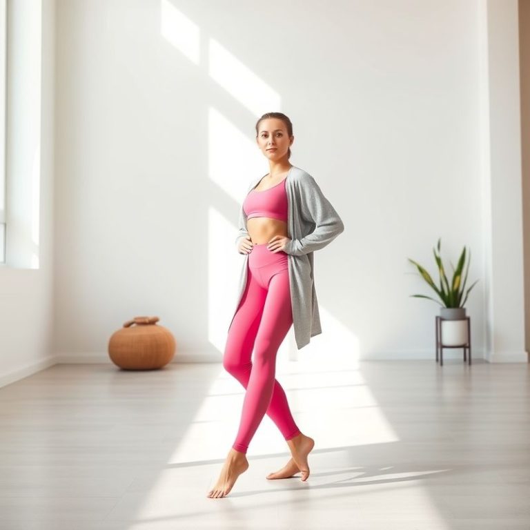 A model in pink yoga pants and an organic cotton cardigan in a bright yoga studio.