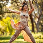 A woman in plus size yoga pants Australia doing a yoga pose in an Australian park.