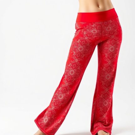Red printed yoga pants and matching yoga top on a white background.