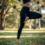 A woman in black running leggings for women with pockets performing a yoga pose in an Australian park.