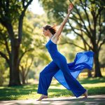 Woman in Royal Blue soft yoga flare pants performing a yoga pose in an Australian park.