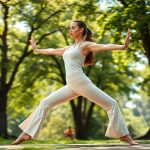A woman doing yoga in white flare leggings with phone pocket, set in an Australian park.