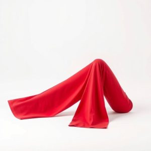 A pair of red organic cotton white flare pants on a white background.