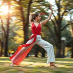 A woman in warrior pose wearing white flare pants organic cotton in an Australian park.