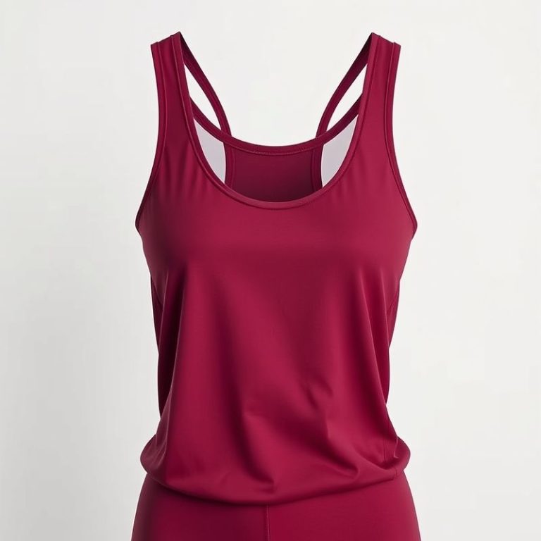 White workout tank by Halfmoon Yoga Canada in burgundy, hyperrealistic studio photo on white background.