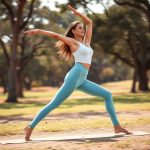Woman in Sky Blue indi clothing white yoga leggings performing a yoga pose outdoors.