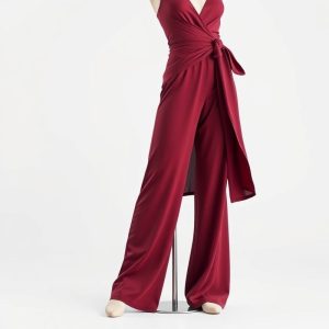 Burgundy wide leg yoga pants and a lululemon wrap top on a clean white background.