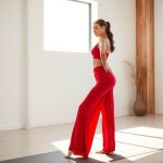 A model wearing red wide leg yoga pants in a bright minimalist yoga studio, Australia.