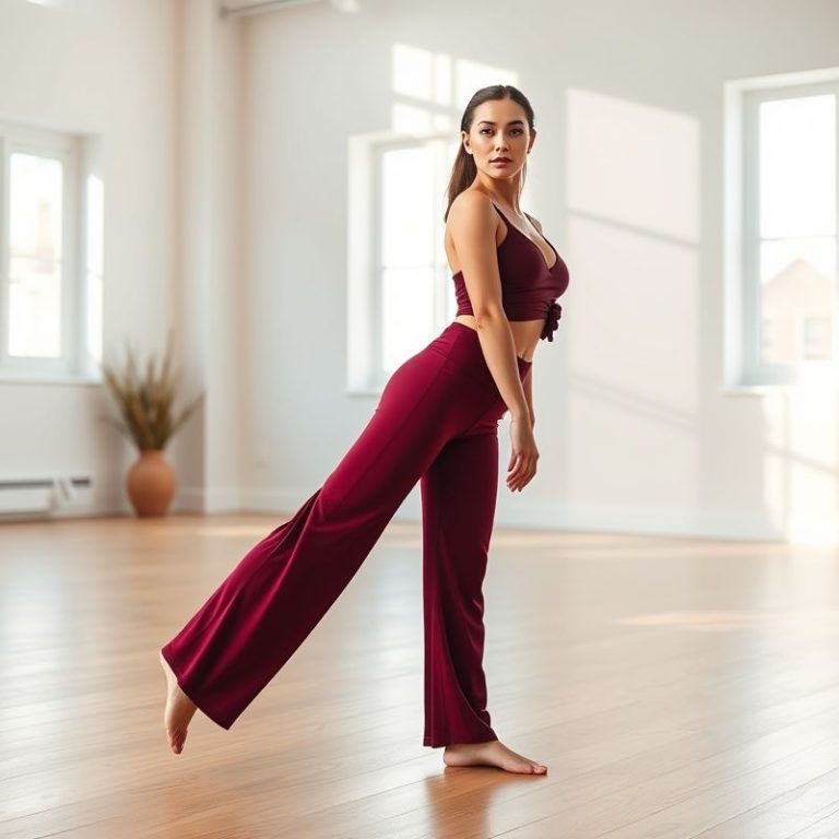 A model in a yoga studio wearing burgundy wide leg yoga pants and a lululemon wrap top.
