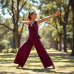Woman in wide leg yoga pants and lululemon wrap top performing yoga in an Australian park.