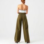 A model wearing women wide leg yoga pants in olive green, high waisted leggings, back view, studio shot on white background.